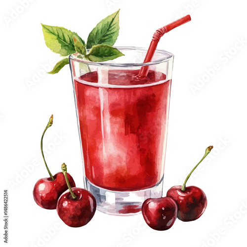 watercolor vector of Glass Of Fresh Cherry Juice, high quality, isolated on a white background.