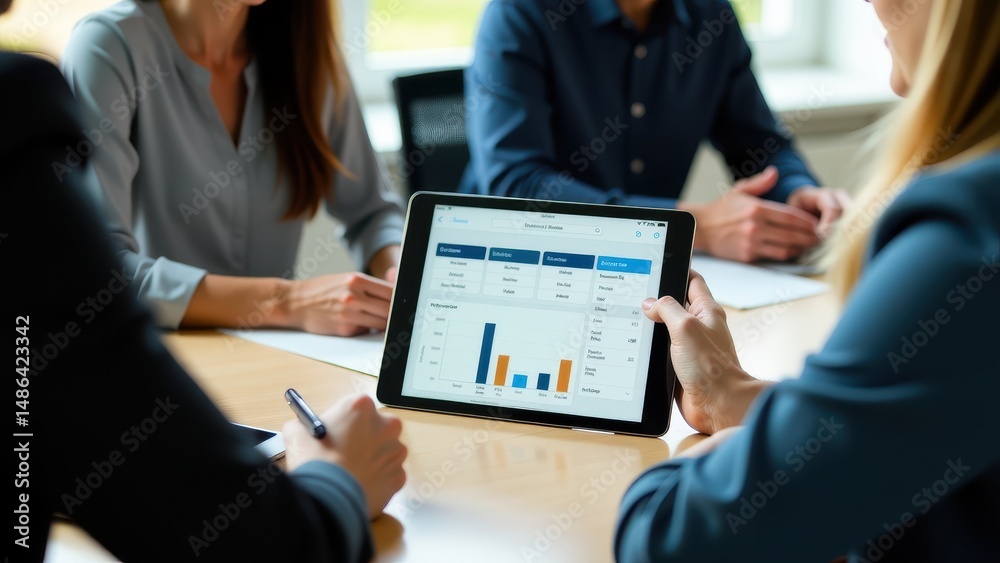 A team engages in a business meeting, examining analytics displayed on a digital tablet, focusing on bar graphs and data analysis A team engages in a business meeting, examining analytics displayed on a digital tablet, focusing on bar graphs and data analysis