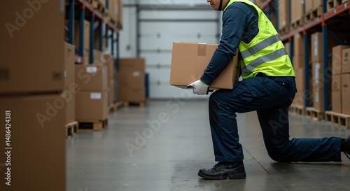 Warehouse worker kneeling to lift cardboard box using proper technique. Workplace safety and ergonomic lifting. Manual material handling and back injury prevention. Occupational health guidelines