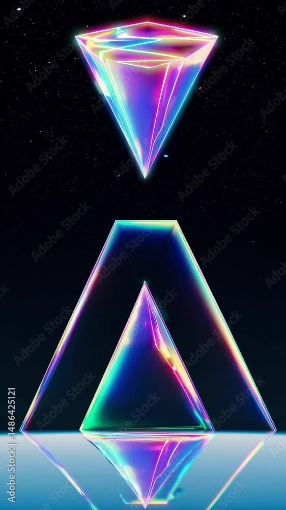 Pyramides holographiques brillantes en lévitation sur fond étoilé

