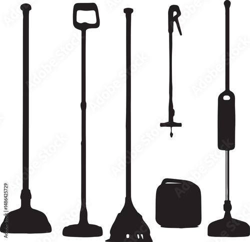 Black and White Vector Illustration of Cleaning Tools and Equipment