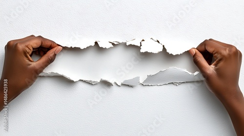 Hands Ripping White Paper Showing Texture and Copy Space
