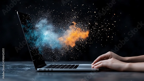Hands Typing on Laptop with Holographic Data Explosion