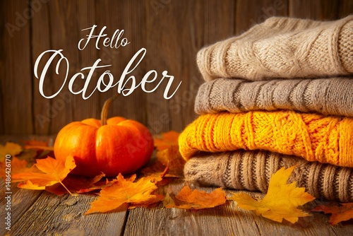 A pile of sweaters and a pumpkin on a table with the words 
