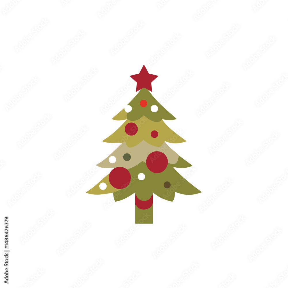 Christmas tree icon with ornaments in red and green colors and star on top for holiday decoration Christmas tree icon with ornaments in red and green colors and star on top for holiday decoration