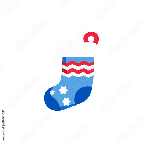 Christmas stocking icon with colorful design and stars on white background for holiday decoration