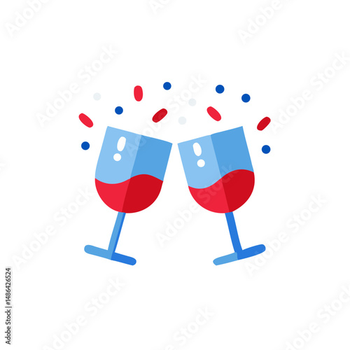 New Year toast icon with clinking glasses and colorful decorations for festive celebration on white background