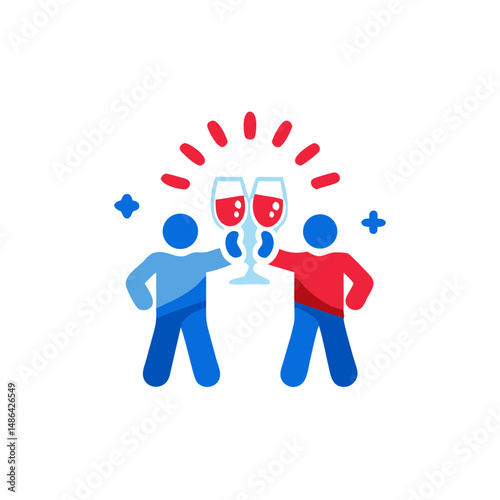 New Year toasting icon with celebratory figures clinking glasses for festive celebration on white background