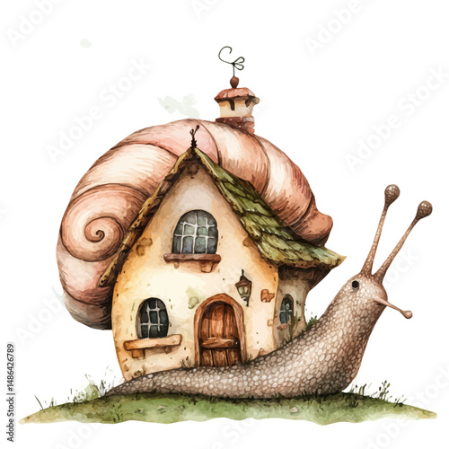 watercolor of Giant Snail Carrying A Cottage, vector high quality, isolated on a white background.