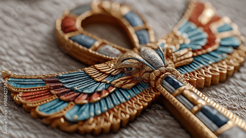 Ornate, colorful Egyptian ankh amulet with wings on textured surface