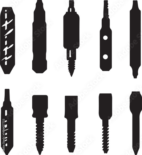 Black Silhouette Vector Graphic of Various Drill Bit Types Set