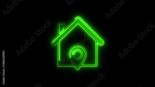 Glowing green neon outline of a house with a location pin on a black background
