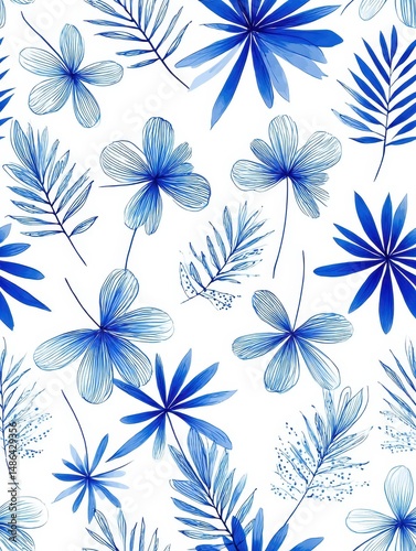 Delicate, repeating pattern of blue tropical foliage on a white backdrop.