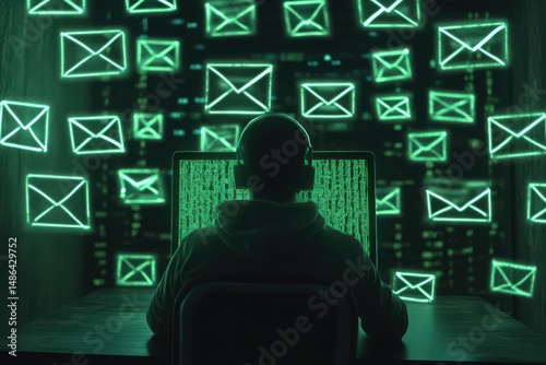Hacker screens with green threat alerts highlighting flagged email communication at night, Hacker outline on screen with flagged threat emails, rear angle, hidden cyber