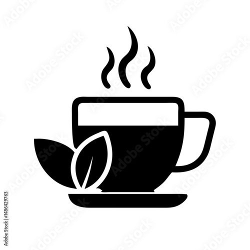 Tea cup vector graphic illustration with hot tea and leaves design element for tea time concept design