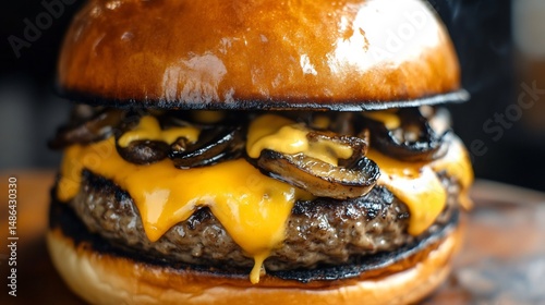 A sizzling close up of a juicy smash burger with melted cheddar and freshly grilled mushrooms overlay cut out on isolated transparent removed background