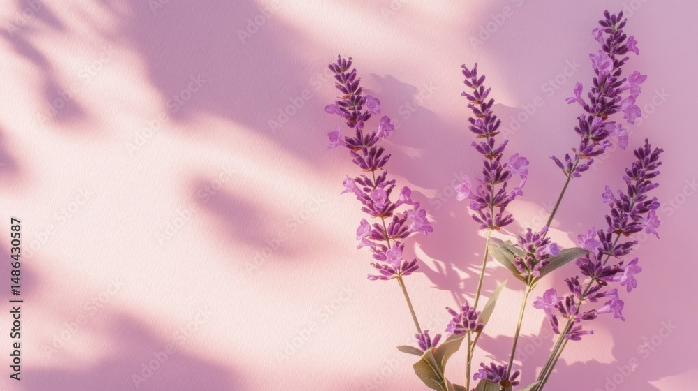 Obraz premium Purple lavender flowers on pink background sunlight shadows soft floral image