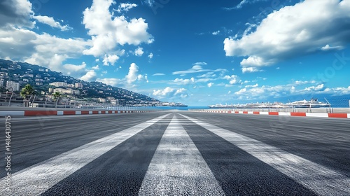Empty Monaco Formula One Track: A quiet Monaco Formula One track, with the iconic Monte Carlo harbor in the distance, no cars in sight, showcasing the beauty of the tracka??s design.