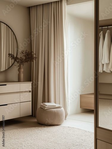 Modern and minimalist bedroom with a large round mirror on the wall above a white dresser. the dresser has multiple drawers and a vase with dried branches on top.
