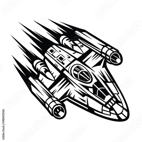 Monochrome Spaceship Silhouette with Speed Lines Isolated on White, SciFi Detailed