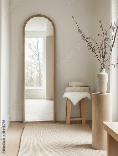 Corner of a room with a large arched mirror hanging on the wall. the mirror is made of wood and has a light brown finish. it is framed by a white wall with a beige carpet on the floor.