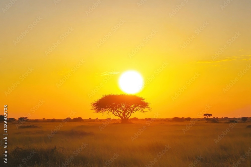 Fototapeta premium Stunning African sunset time lapse showcasing a large sun against a cloudless sky, African sunset time lapse with big sun and cloudless sky Cinematic