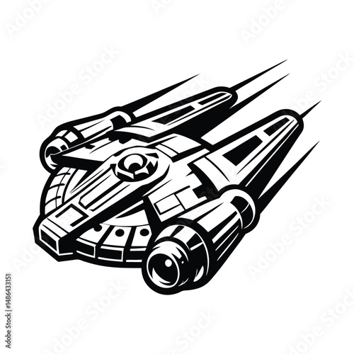 Abstract Spaceship Silhouette with Speed Lines, Black and White Futuristic Design