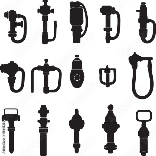 Silhouettes of Various Industrial Valves and Fittings in Black and White