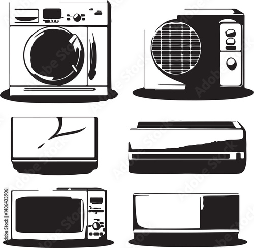 Black and White Appliance Icons: Washing Machine, AC, Microwave