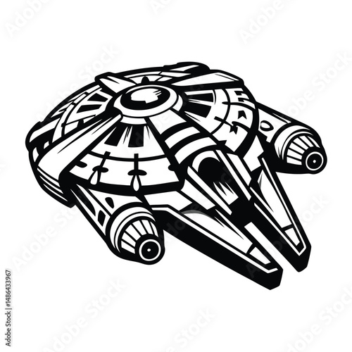 Black and White Spaceship Silhouette Icon, Futuristic Spacecraft Isolated on White
