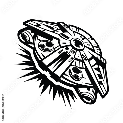 Stylized Spacecraft in Flight, Bold Black and White Silhouette, Iconic Design, SciFi Theme