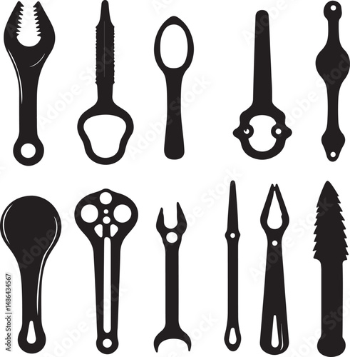 Black Silhouette Tools: Wrenches, Spoons, and Specialized Instruments