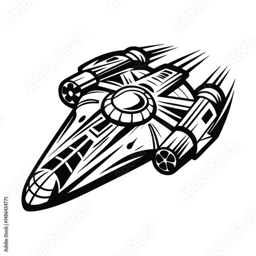Isolated Detailed Monochrome Spaceship Silhouette, Modern Spacecraft Design, Line Art