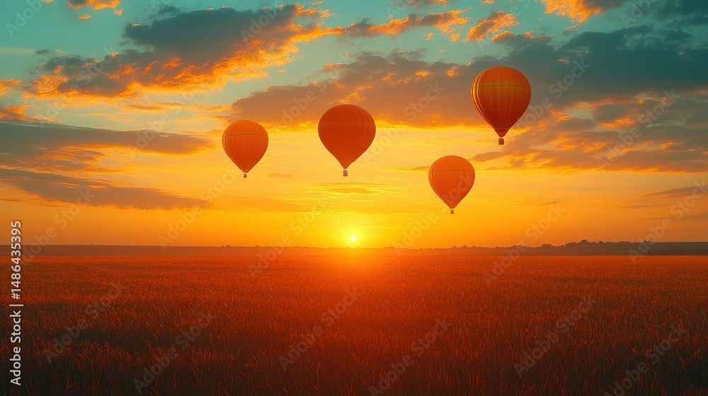 Fototapeta premium Four hot air balloons float above a golden field at sunset