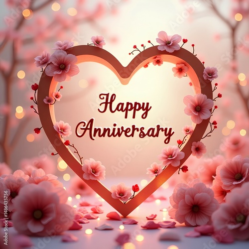 pink background with heart,Elegant Happy Anniversary card with a 3D heart frame, soft pastel bokeh background, romantic Cupids, and delicate flowers—perfect for print, digital wishes, and design use