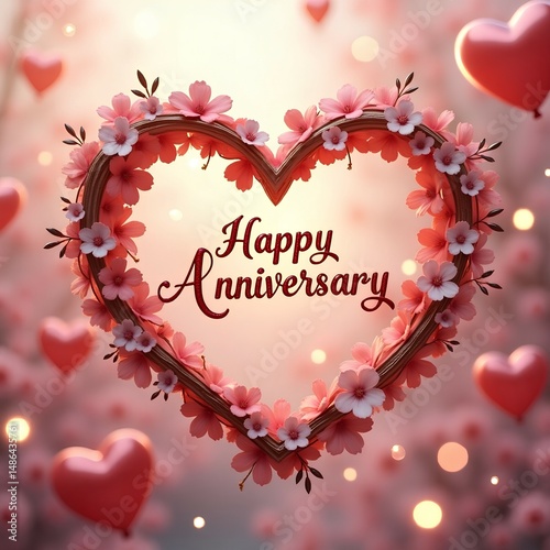 valentines day background,Whimsical Happy Anniversary greeting with a metallic heart frame, tiny Cupids, and floating 3D cursive text—set on a pastel, glowing background full of floral charm