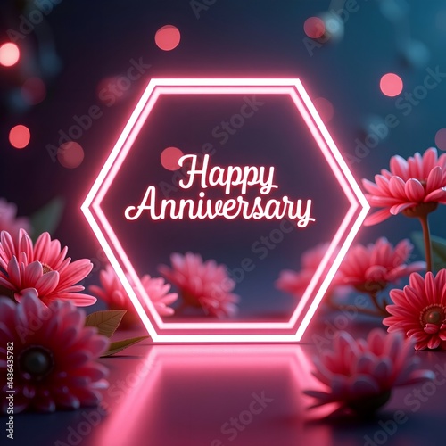 abstract floral background,Luxury Happy Anniversary card with hexagon-shaped frame, glowing flowers, and metallic textures—designed for digital platforms, event invites, or elegant print use.
