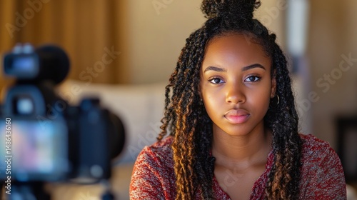 Young woman recording video close up portrait braids warm lighting