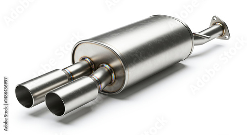 Double exhaust pipe muffler lying on white background