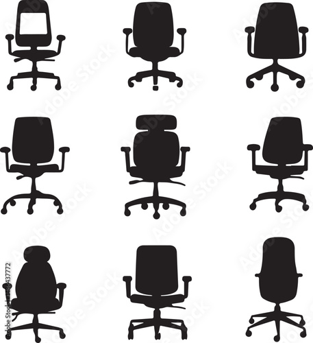 Office Chair Silhouettes: Modern Ergonomic Designs, Vector Set