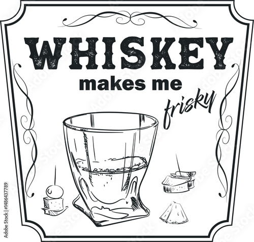 Party drink, bar poster, whiskey with ice and lemon. Design for print in sketch style, strong alcohol, drink, rest, glass of scotch