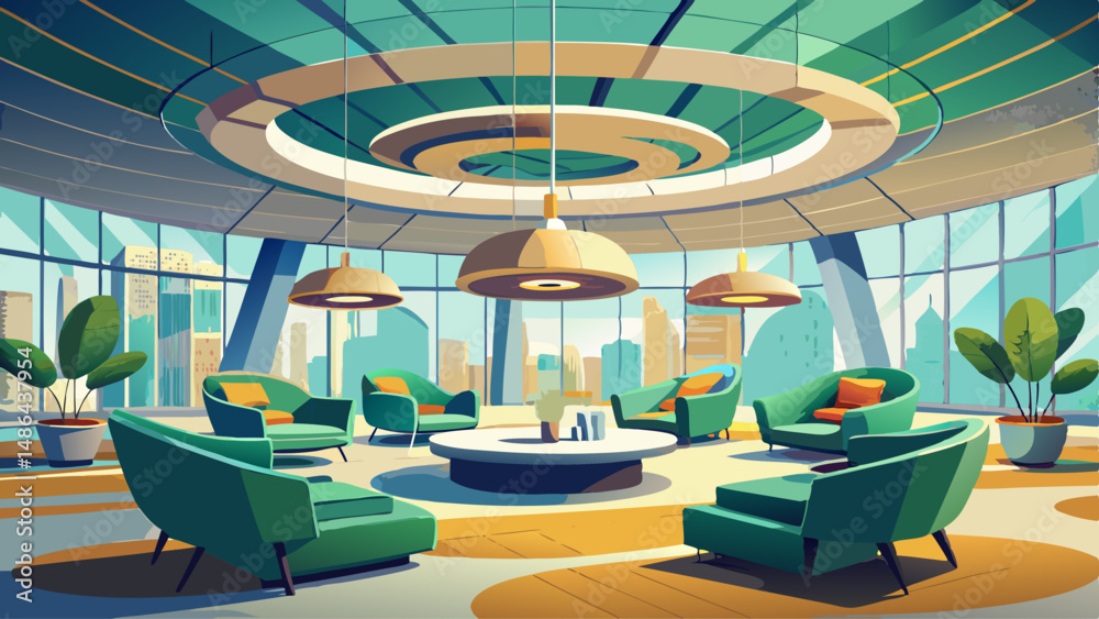 Fototapeta premium Modern spacious office lounge with green armchairs, round tables, and sculptural ceiling in high-rise building interior, showcasing minimalist design style. 3D