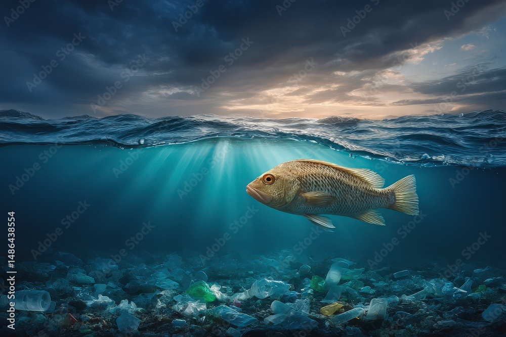 Obraz premium Underwater fish swimming in polluted ocean with sunlight breaking through dark clouds at twilight