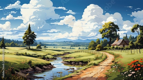 Tranquil Countryside Scene with Stream and Lush Greenery