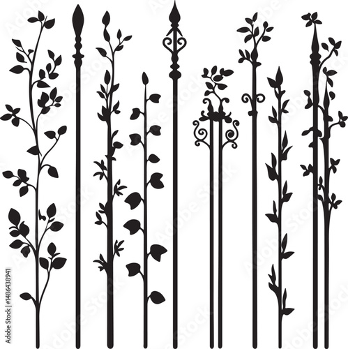 Black Silhouette Vector Garden Fence Picket Designs, Floral Style