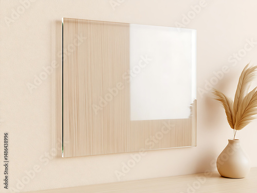 Minimalist room decor featuring an acrylic panel hanging on a wall and a vase with ornamental grass. Elegant and modern design elements create a serene atmosphere.