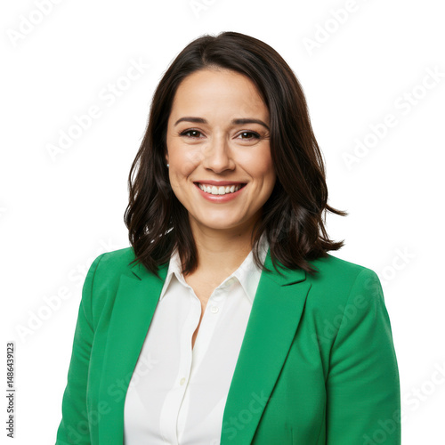 Smiling woman in green jacket isolated on transparent background