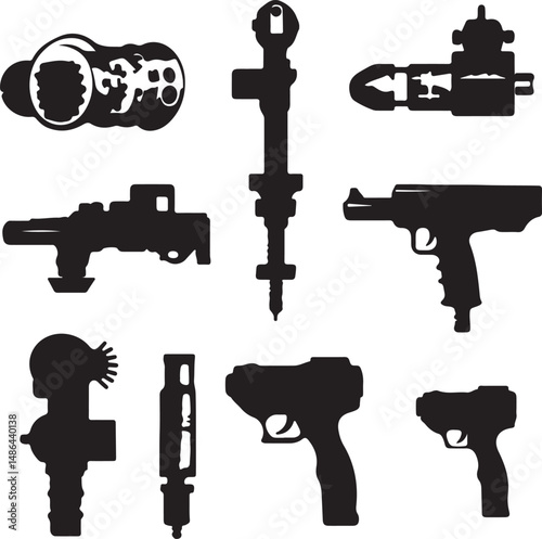 Silhouette Weapons Set: Futuristic Guns, Black & White Vector Art