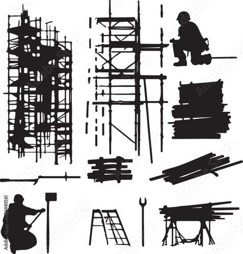 Construction Site Silhouettes: Scaffolding, Workers, and Tools