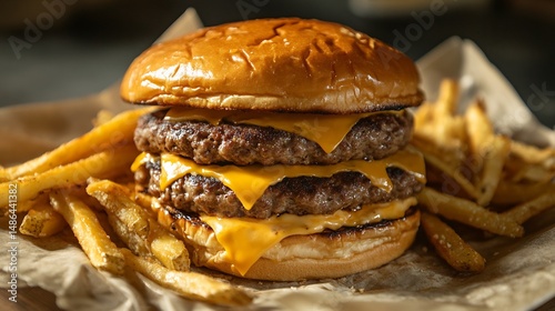 A top burger restaurants signature dish a juicy double patty burger with melted cheese and crispy fries overlay cut out on isolated transparent removed background